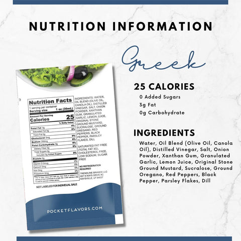 Greek vinaigrette salad dressing nutrition information with nutrition label and ingredients.