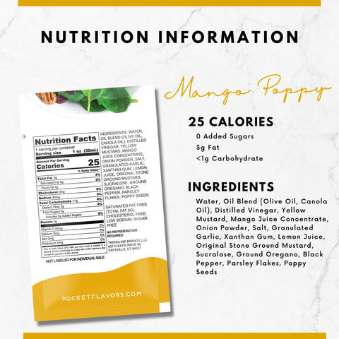 Mango poppy salad dressing nutrition information with nutrition label and ingredients.