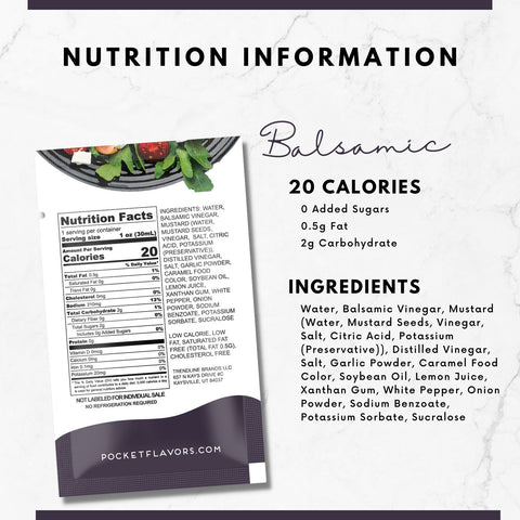 Balsamic salad dressing nutrition information with nutrition label and ingredients.