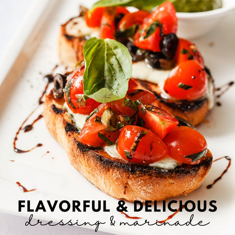 Drizzled balsamic dressing on top of bruschetta.