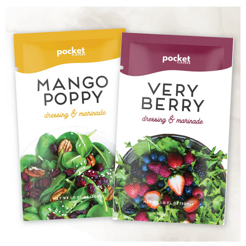 Mango poppy salad dressing and very berry salad dressing single serve packets.