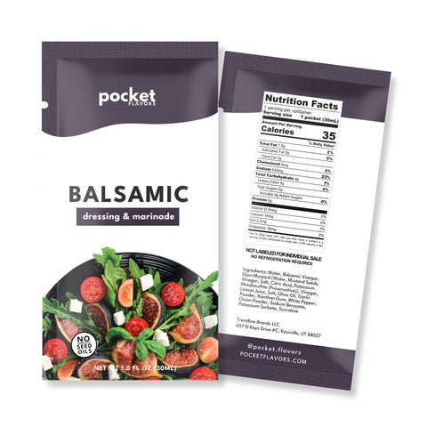Pocket Flavors Balsamic low-calorie salad dressing pouch, front and back, 35 calories