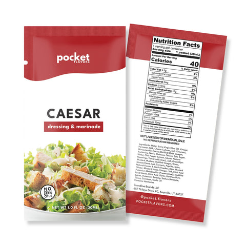 Pocket Flavors Caesar low-calorie salad dressing pouch, front and back, 40 calories