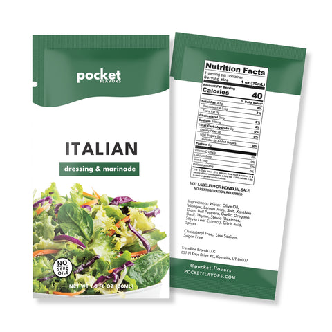 Pocket Flavors Italian low-calorie salad dressing pouch, front and back, 40 calories