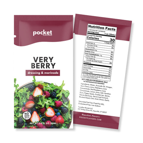 Pocket Flavors Very Berry low-calorie salad dressing pouch, front and back, 30 calories