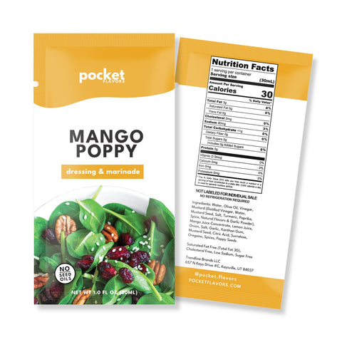 Pocket Flavors Mango Poppy low-calorie salad dressing pouch, front and back, 30 calories