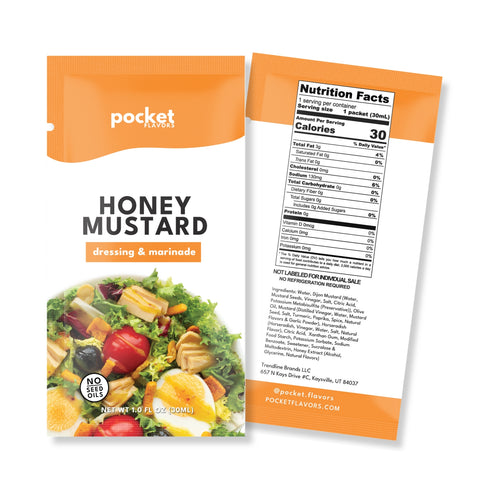 Pocket Flavors Honey Mustard low-calorie salad dressing pouch, front and back, 30 calories