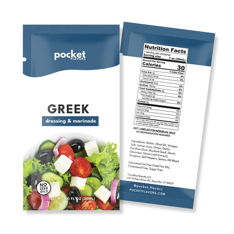 Pocket Flavors Greek low-calorie salad dressing pouch, front and back, 30 calories