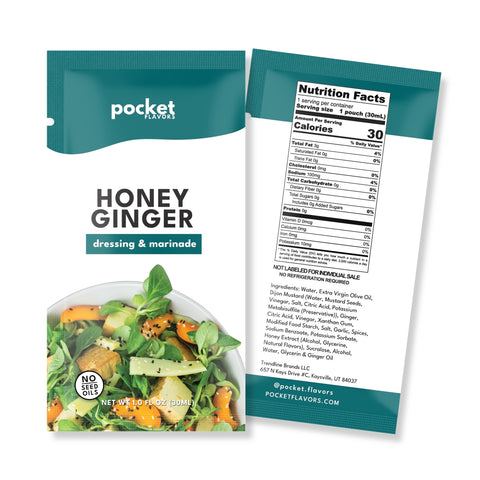Pocket Flavors Honey Ginger low-calorie salad dressing pouch, front and back, 30 calories