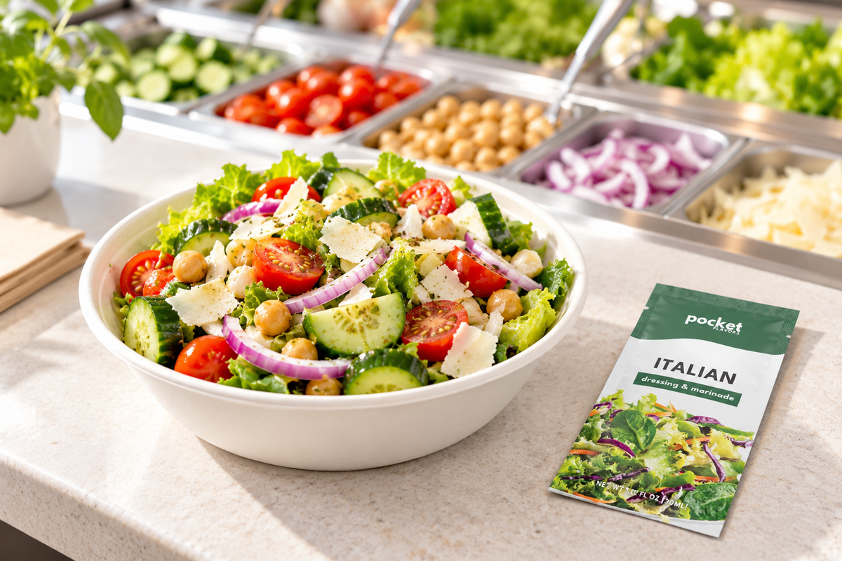 Pocket Flavors salad dressing pouches beside a fresh salad