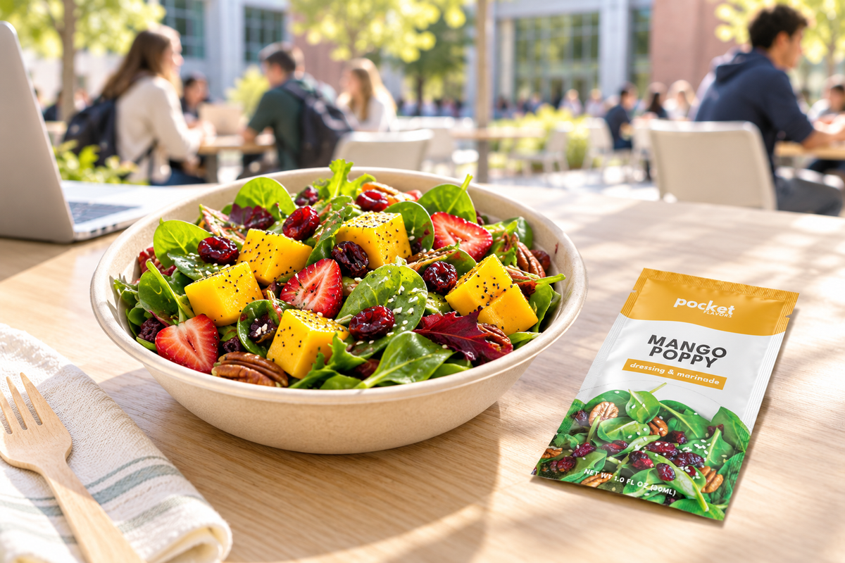 Pocket Flavors salad dressing pouches beside a fresh salad