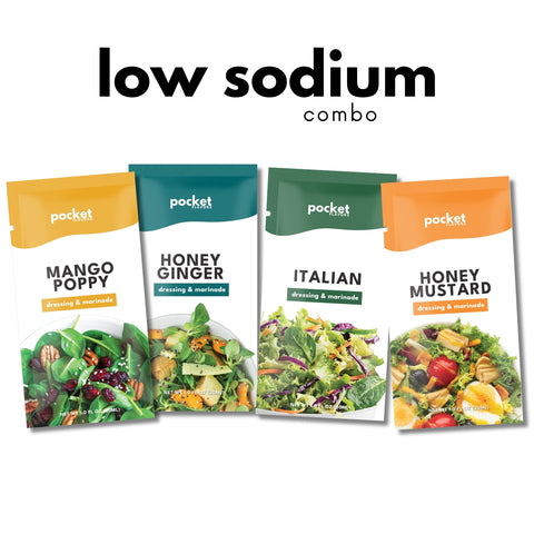 Four low-sodium Pocket Salad dressing pouches arranged in a row on a white background under the text 'low sodium combo'. The packets are Mango Poppy, Honey Ginger, Italian, and Honey Mustard, each showing a different salad photo on the front.