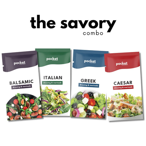 Four pocket salad dressing and marinade pouches arranged side by side on a white background under the text 'the savory combo'. The pouches are labeled Balsamic, Italian, Greek, and Caesar, with colorful salad photos on the front.