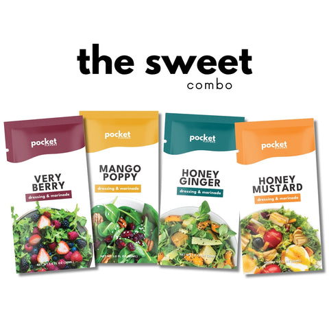 Four Pocket brand salad dressing pouches arranged side by side on a white background, with the text 'the sweet combo' above them. The pouches are labeled Very Berry, Mango Poppy, Honey Ginger, and Honey Mustard, each showing salad imagery on the front.