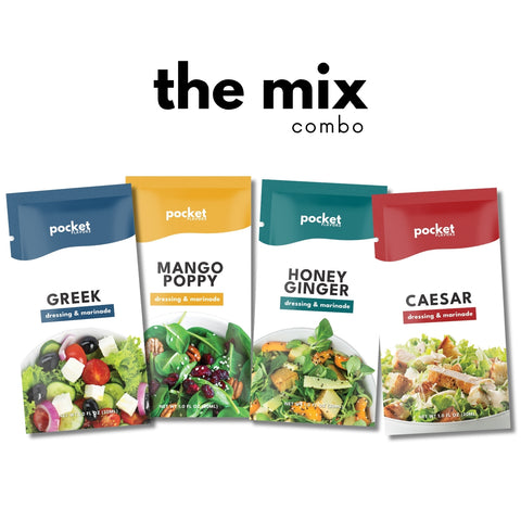 Four Pocket Salad seasoning packets arranged in a row on a white background under the text 'the mix combo'. The packets are labeled Greek, Mango Poppy, Honey Ginger, and Caesar dressing & marinade, with colorful salad images on the front.