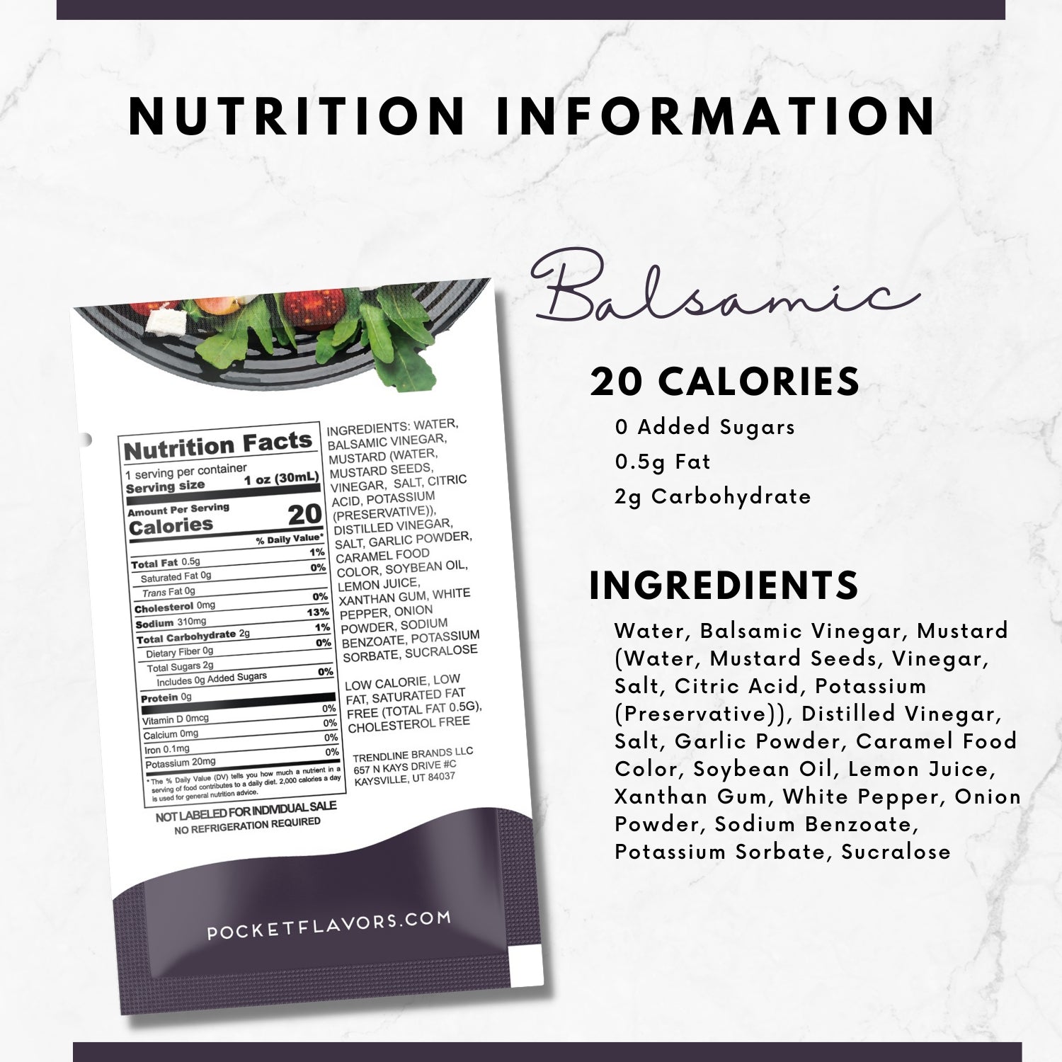 Balsamic salad dressing nutrition information with nutrition label and ingredients. 