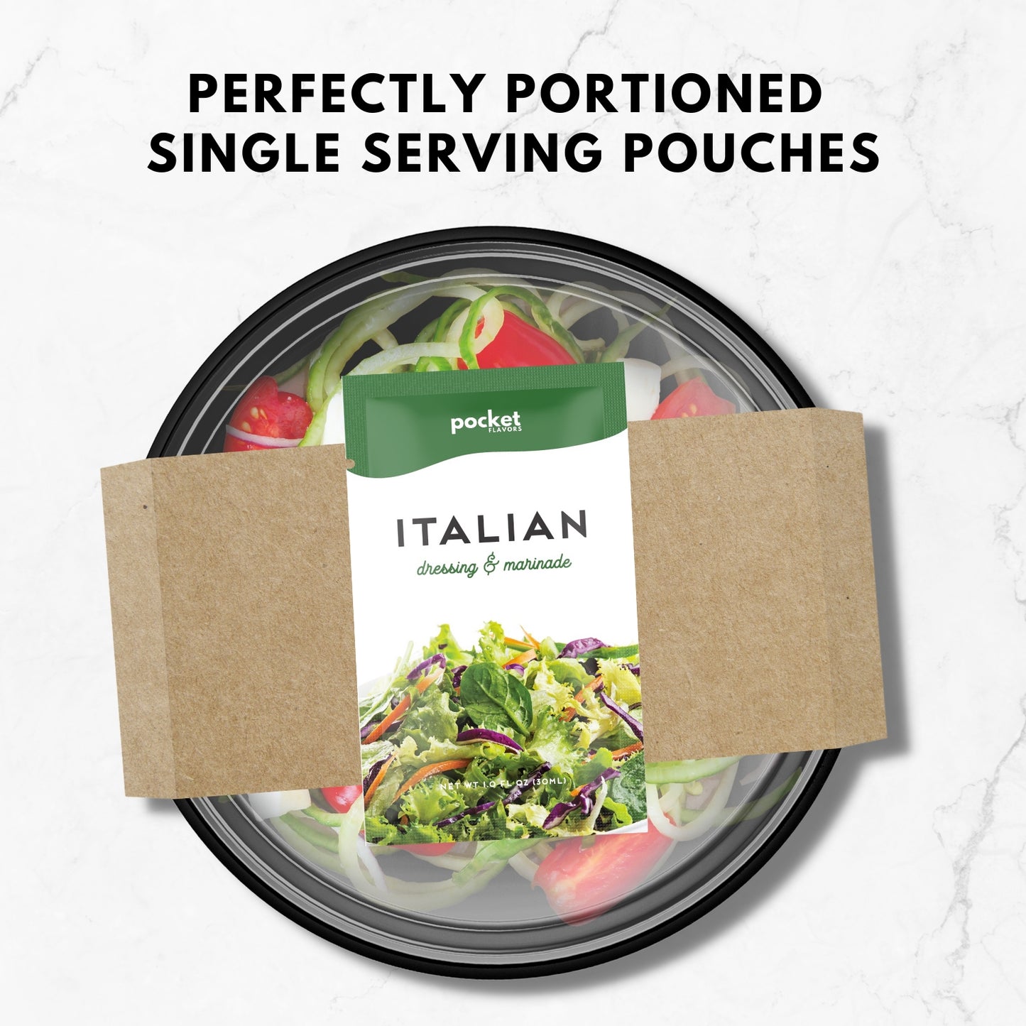 Italian single serve salad dressing packet on top of a packaged salad.