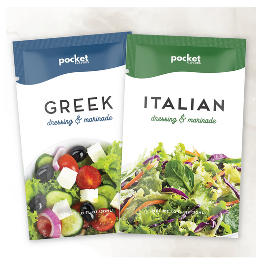 Greek salad dressing and italian salad dressing single serve packets. 