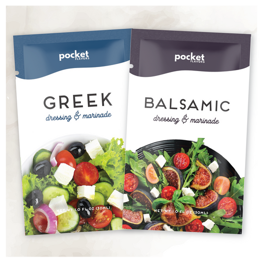 Greek salad dressing and balsamic salad dressing single serve packets. 