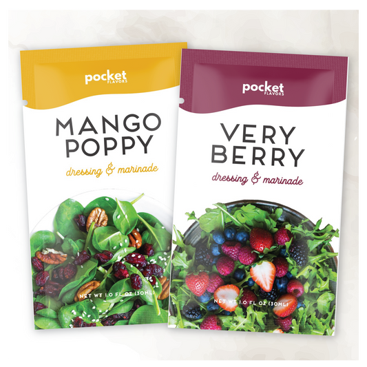 Mango poppy salad dressing and very berry salad dressing single serve packets. 