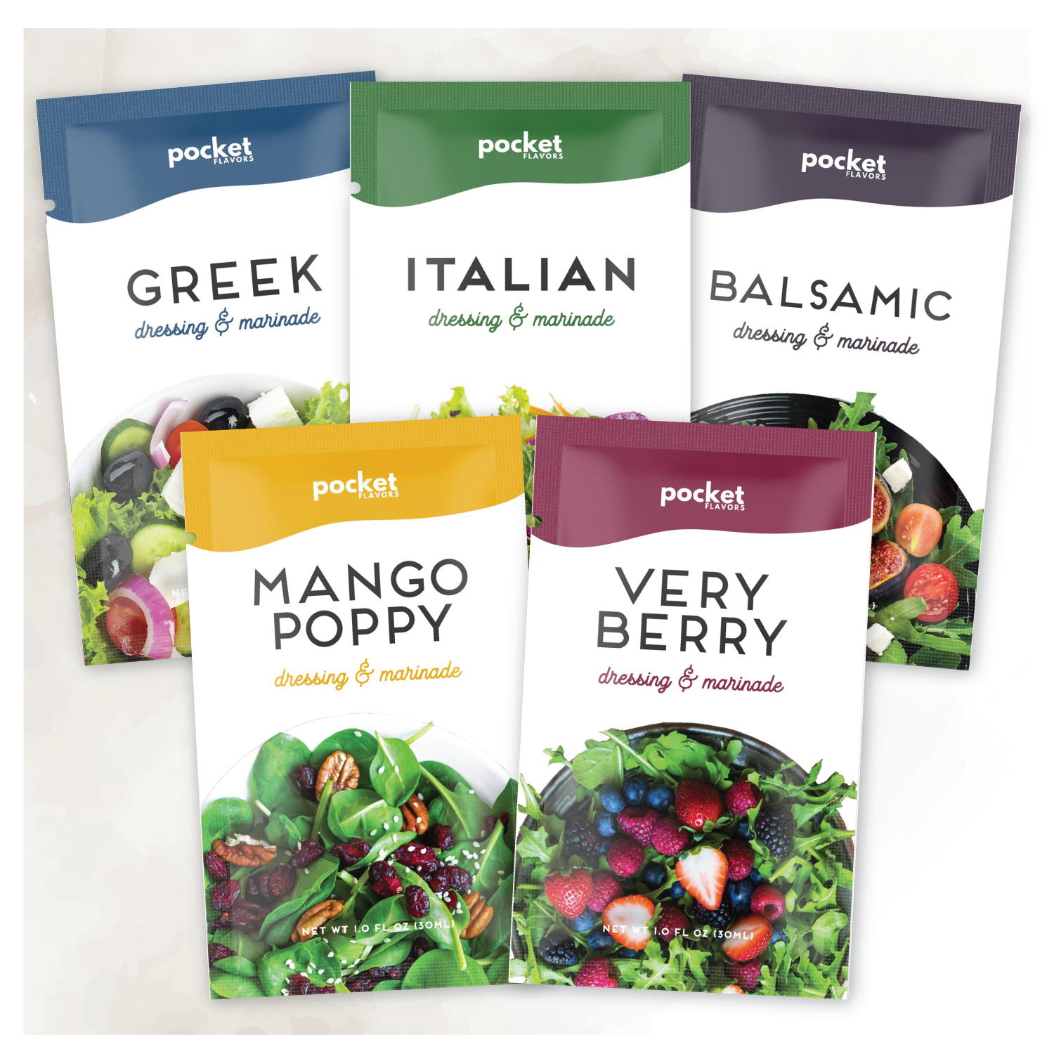 Five single serve salad dressing packets with the flavors greek, italian, balsamic, mango poppy, and very berry.